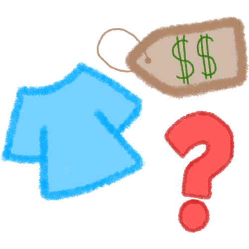 a light blue t-shirt next to a tan coloured price tag with two green dollar signs on it. below is a red question mark.